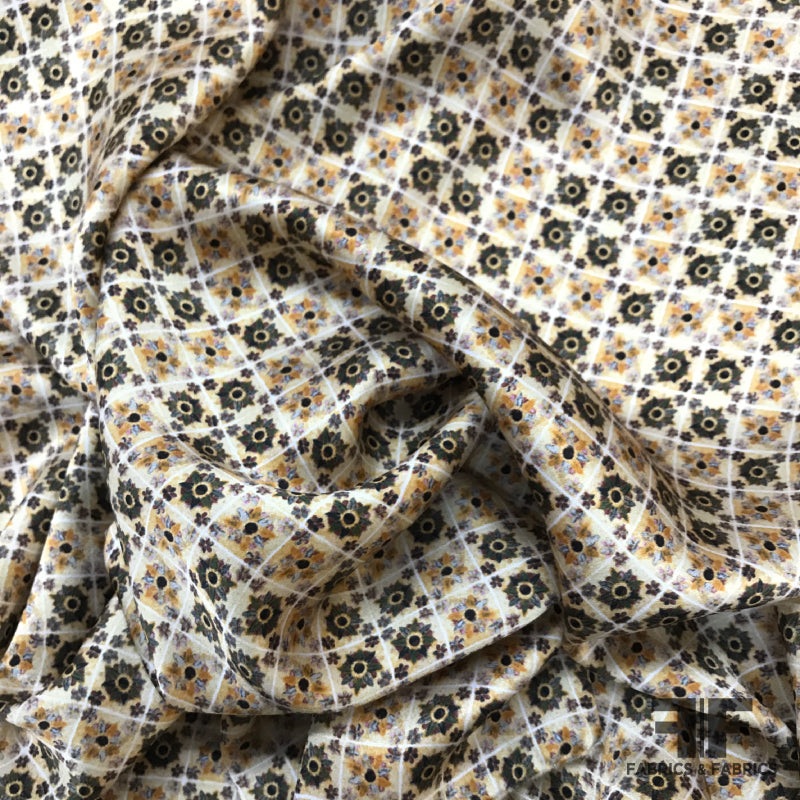 Floral Motif Printed Silk Charmeuse – Beige/Green/Yellow Fabric by the Yard