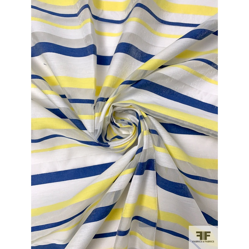 Italian Horizontal Striped Organza – Navy Blue / Yellow / White Fabric by the Yard