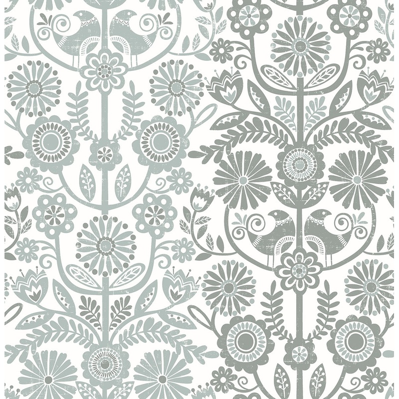 2821-25107 Lovebirds Slate Folk Stripe Wallpaper Per Bolt