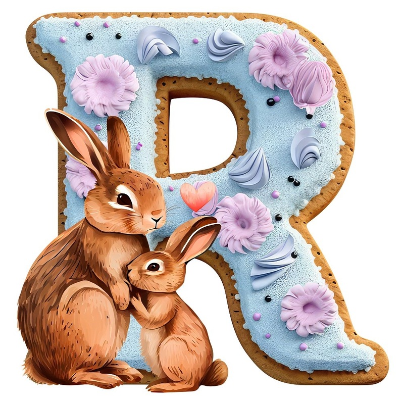 “R” Rabbit Cookie Fabric Panel Quilting Cotton 4.5 Inches by 4.5 Inches